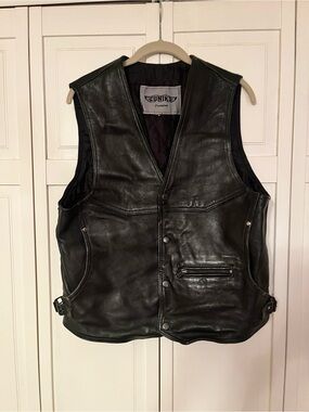 Vintage 80,s Unik Black Leather Biker Vest with Zip Pocket